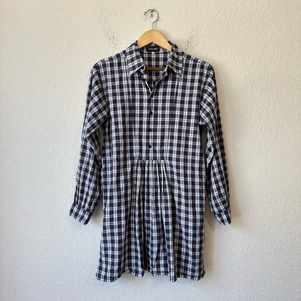 ESKANDAR Mini Shirt Dress Multicolor Plaid Pleated Preppy Retro NWOT